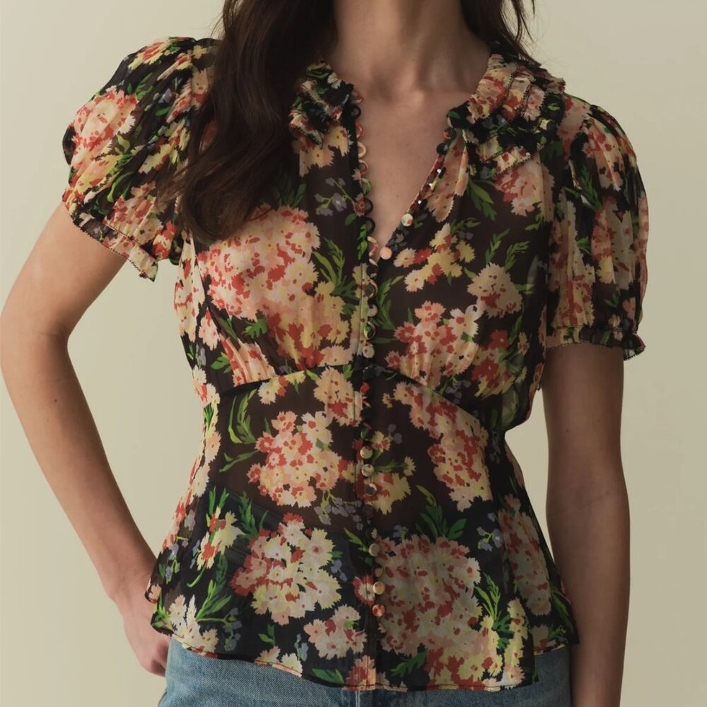 Doen Alona Black Floral Sheer Button-Front Blouse